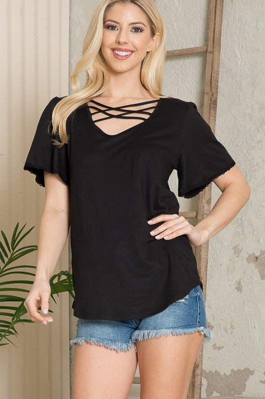 Front Detail Flutter Sleeve Knit Top