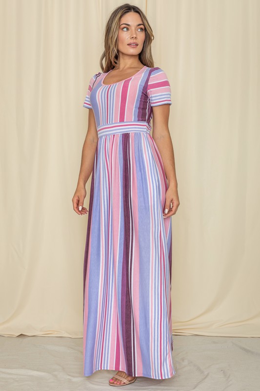 Short Sleeve Mix Stripe Maxi Dress