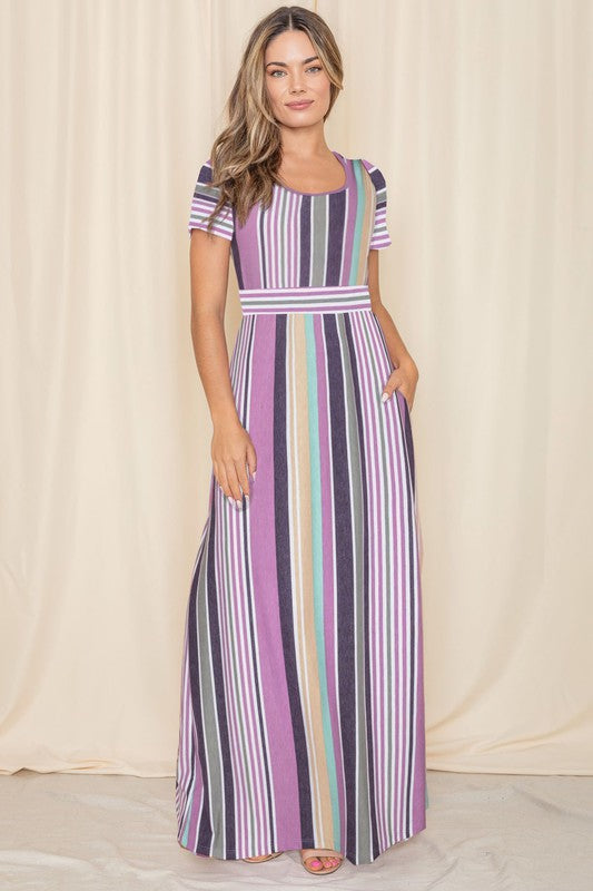 Short Sleeve Mix Stripe Maxi Dress