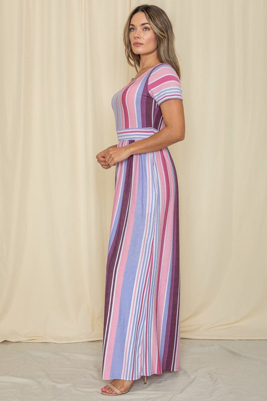 Short Sleeve Mix Stripe Maxi Dress