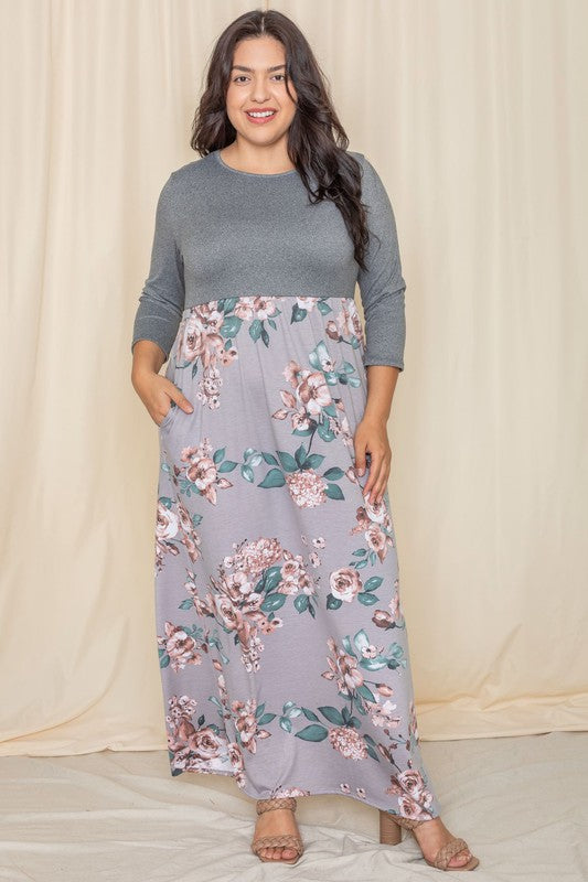 Plus Quarter Sleeve Floral Maxi Dress