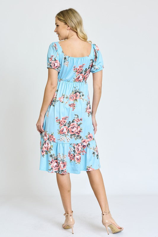 Floral Square Neck Puff Sleeve Boho Dress