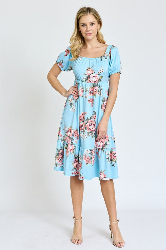 Floral Square Neck Puff Sleeve Boho Dress