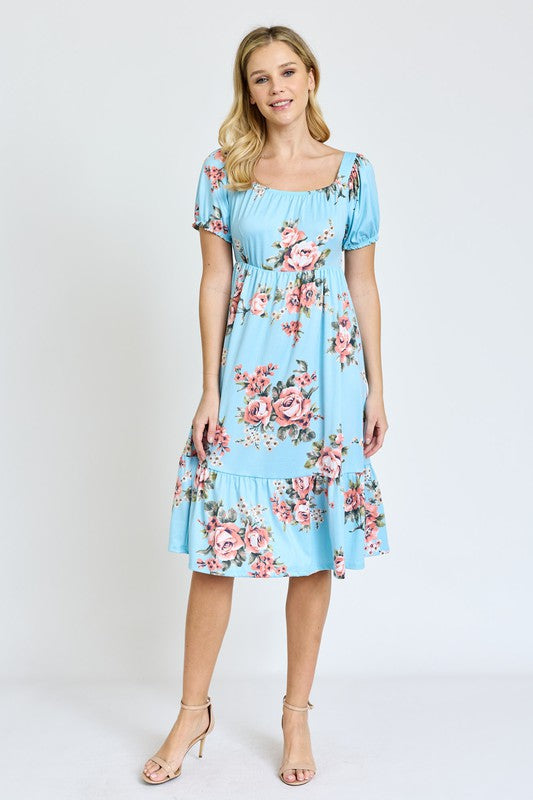 Floral Square Neck Puff Sleeve Boho Dress