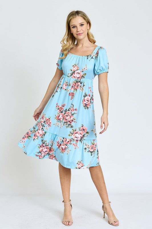 Floral Square Neck Puff Sleeve Boho Dress