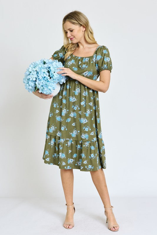 Floral Square Neck Puff Sleeve Boho Dress