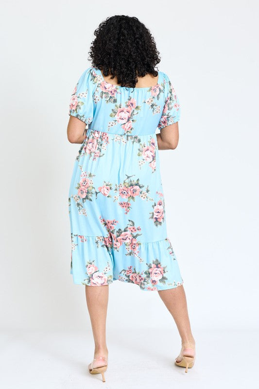 Plus Floral Square Neck Puff Sleeve Boho Dress