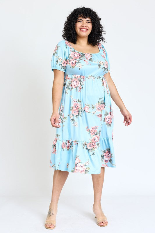 Plus Floral Square Neck Puff Sleeve Boho Dress