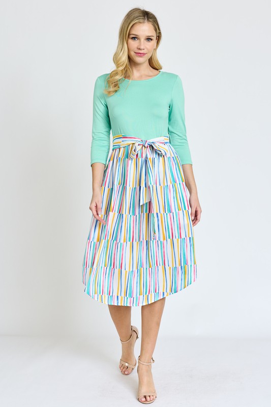 Quarter Sleeve Stripe Sash Midi Dress