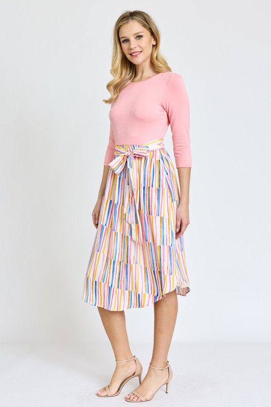 Quarter Sleeve Stripe Sash Midi Dress