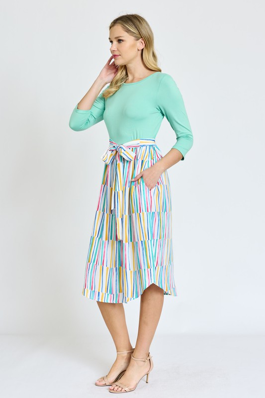 Quarter Sleeve Stripe Sash Midi Dress