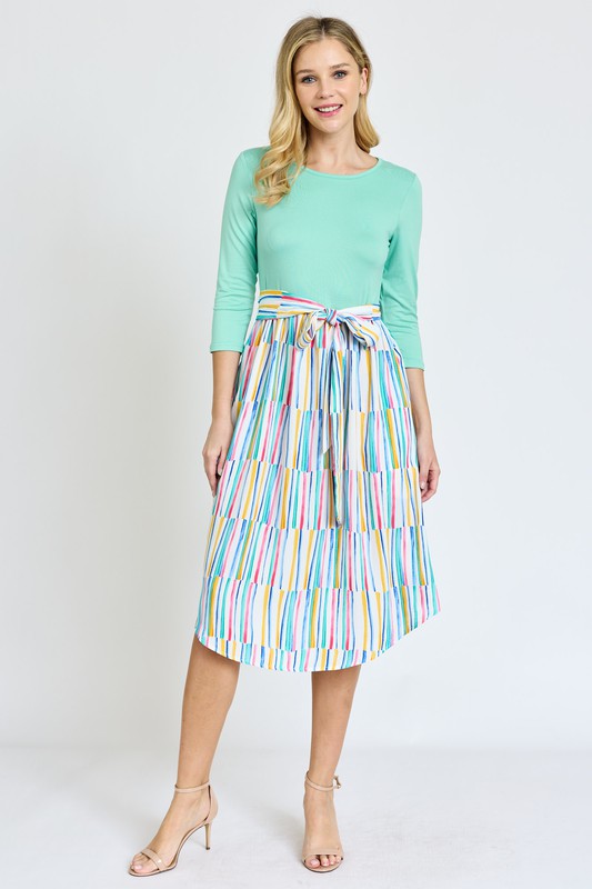 Quarter Sleeve Stripe Sash Midi Dress