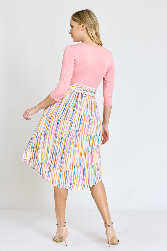 Quarter Sleeve Stripe Sash Midi Dress