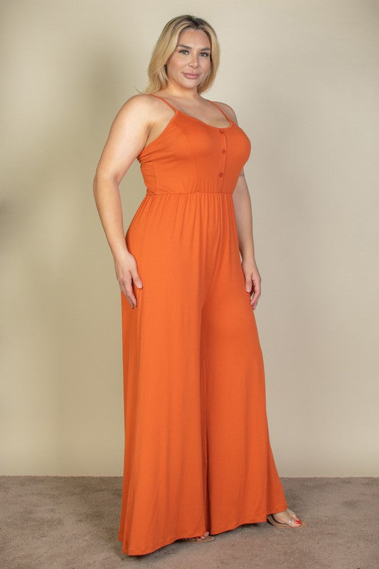 Plus Size Button Front Wide Leg Jumpsuit